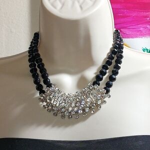Calisa Designs Clear Crystal Cluster And Black Beaded Statement Choker Necklace